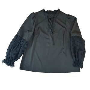 Shein Curve Black Tie Neck Blouse Swiss Dot Puff Sleeve 0XL‎ Plus Size Top